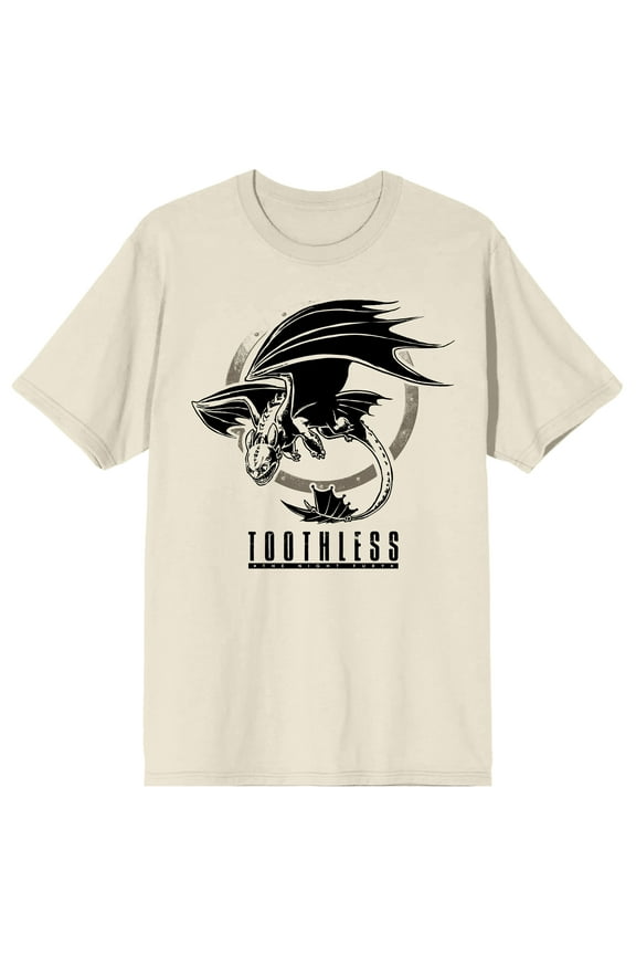 How to Train Your Dragon Franchise Black Vector Graphic of Toothless Shield Rim Toothless Text on Natural Ground Adult White Crew Neck Short Sleeve T-shirt - Small