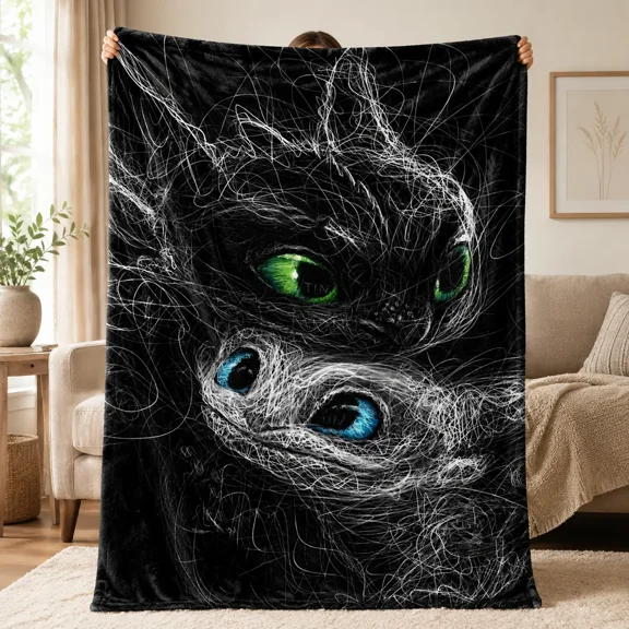 How to Train Your Dragon Toothless and Light Fury Flannel Blanket, Soft Black and White Dragon Throw with Green and Blue Eyes for Couch, Bed, Gaming Room Decor & Fan Gift