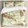 thumbnail image 1 of Train Duvet Cover Set King Size, Vintage Doodle Composition About Trains Choo Choo All Board Railroad Crossing Wording, Decorative 3 Piece Bedding Set with 2 Pillow Shams, Multicolor, by Ambesonne, 1 of 3