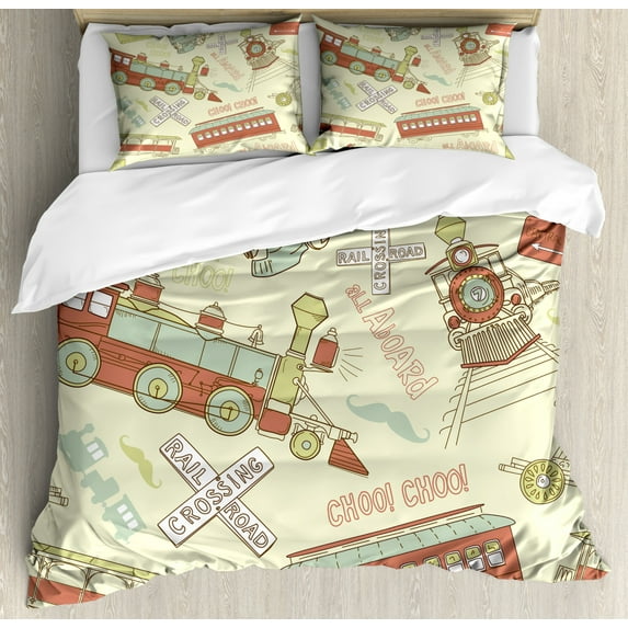 Train Duvet Cover Set King Size, Vintage Doodle Composition About Trains Choo Choo All Board Railroad Crossing Wording, Decorative 3 Piece Bedding Set with 2 Pillow Shams, Multicolor, by Ambesonne