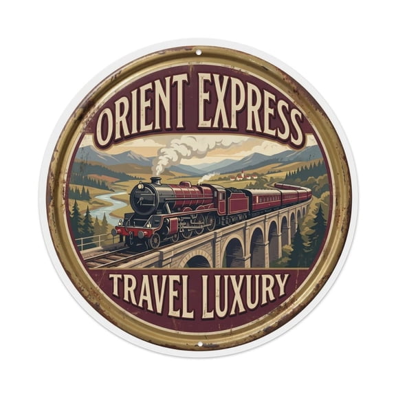 Train Express Travel Europe Railway Vintage Metal Tin Sign Plaque Wall Decor for Cafe, Club, Garden Round Metal Poster 8x8Inch