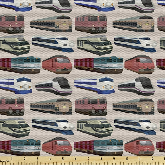 Ambesonne Train Fabric by the Yard Upholstery, Industrial Various Vehicle, 3 Yards, Multicolor