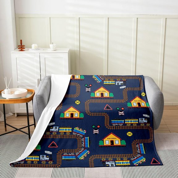 Train Fleece Throw Blanket Cartoon Car Flannel Blanket Plush Fuzzy Retro Steam Engine for Bed Couch Chair Living Room Railway Vehicles Bedroom Decor 30" x 40"