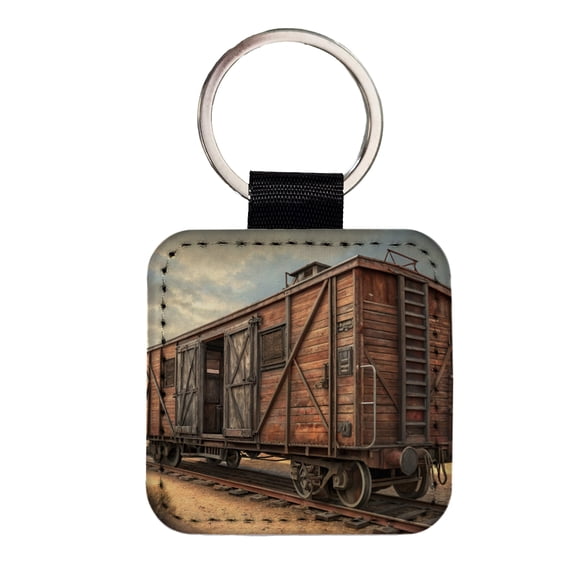 Train Freight Car Old West Western Faux Leather Square Keychain