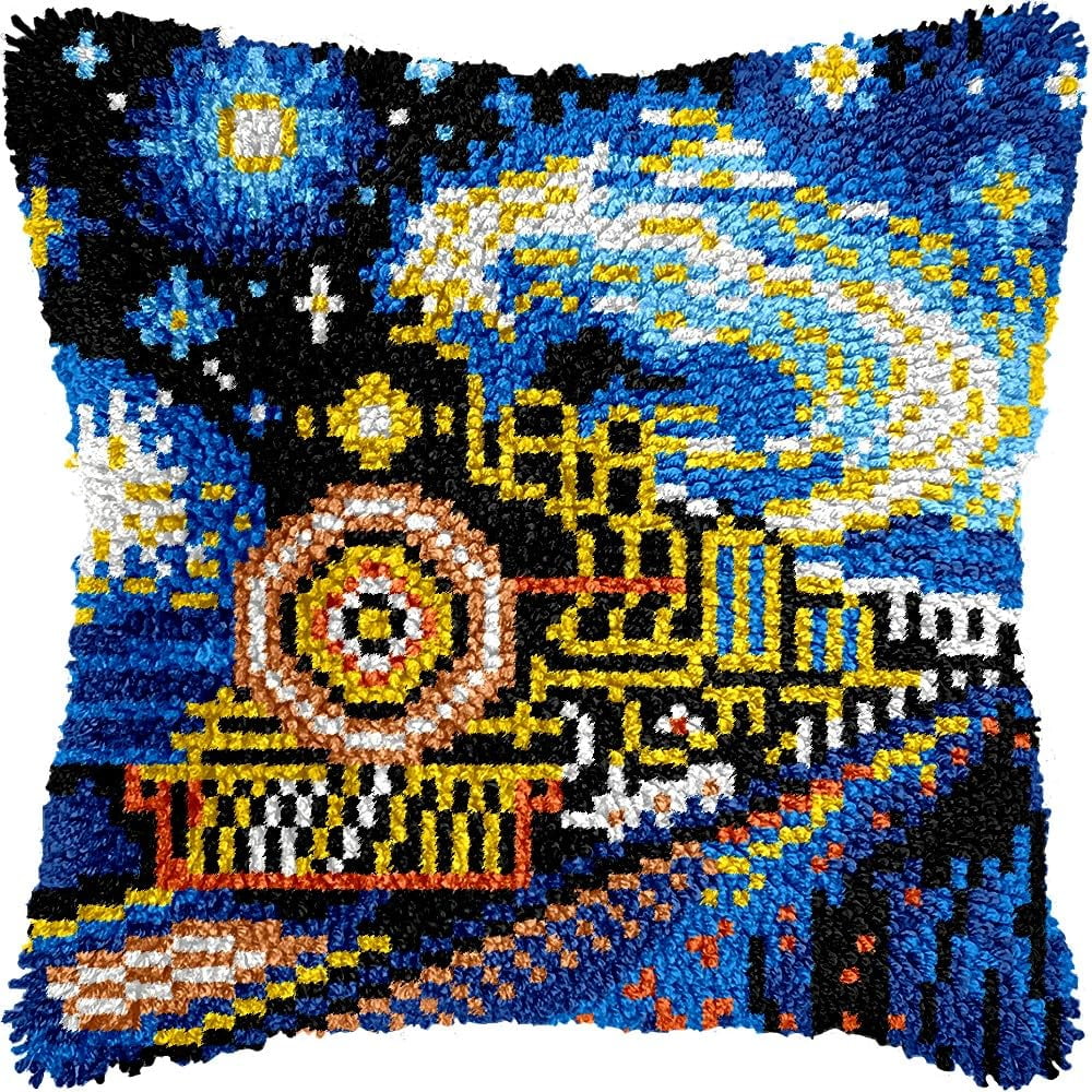 Train & Galaxy Sky Night Latch Hook Pillow Kits for DIY Handmade Throw Pillow Cushion Embroidery Latch Hooking Pillowcase Kits with Preprinted Canvas Crochet Yarn Kits 17''X 17''(g263)