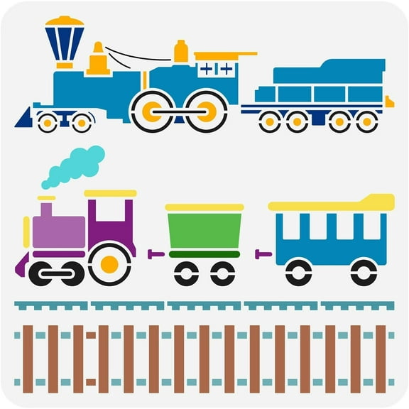 Train Graphics Stencil 30x30cm Reusable Train Engines Pattern Drawing Stencil DIY Craft Large Size Train Track Stencil for Painting on Wall Wood Furniture Fabric and Paper
