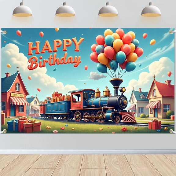 Train Happy Birthday Backdrop Traffic Train Birthday Background for Boys Girls Colorful Balloons Train Birthday Party Decorations Banner Supplies Photo Booth Props