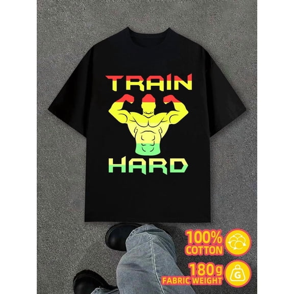 Train Hard Tee for men black 180G 100% Cotton Breathable fabric, crew neck, short sleeves Unique Design Unisex Shirt Crewneck tshirts Unique Design Unisex Shirt Graphic tshirts