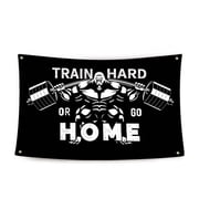 Train Hard or Go Home Flag Motivational Gym Banner 3x5 Feet Fitness Wall Decor with 4 Bass Grommets for Home Gym, Garage