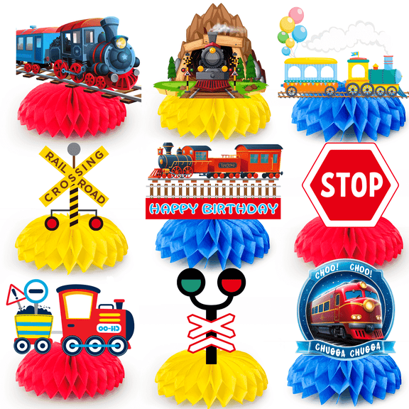 Train Honeycomb Centerpiece,9Pcs Train Party Decorations Honeycomb Centerpieces Kit- Train Party Honeycomb Centerpiece&Train Birthday Honeycomb Centerpieces for Chugga Chugga Two Two Party