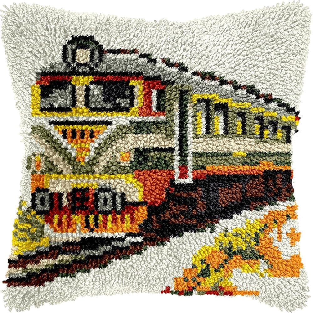 Train Latch Hook Pillow Kits for DIY Handmade Throw Pillow Cushion Embroidery Latch Hooking Pillowcase Kits with Preprinted Canvas Crochet Yarn Kits 17''X 17''(g97)