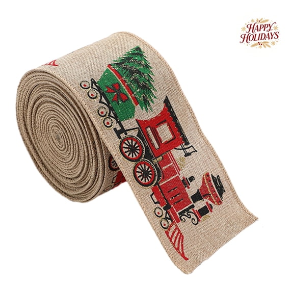 Train Linen Christmas Ribbon, 2.18 Yards x 2.48 Inches Wired Edge Decorative Ribbon for Bow Making, Gift Wrapping, Present Packaging, Xmas Tree, Wreath, Holiday Party, Crafts & Home Decor