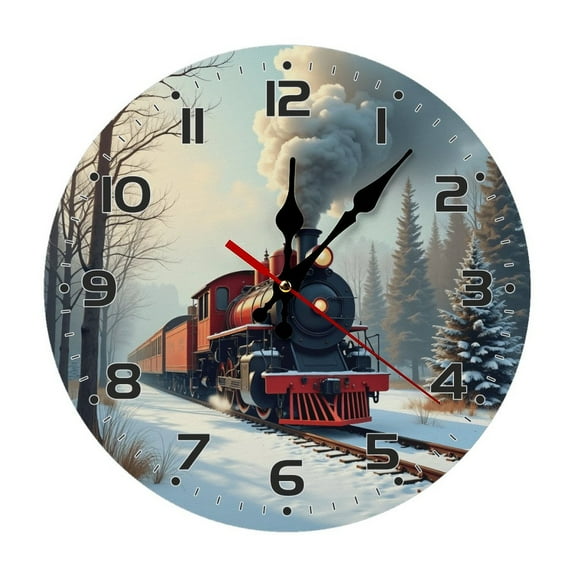 Train Locomotive Steam Locomotive Wall Clock 10 Inch Silent Non Ticking Round Wooden Clock Decoration for Living Room Kitchen Bedroom Bathroom Office Classroom