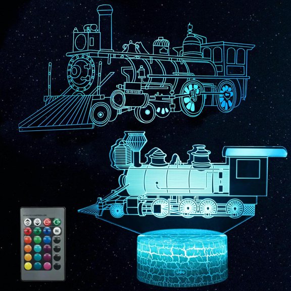 Train Night Light for Kid Boy Girl Bedroom, 3D Illusion LED Lamp, 2 Patterns 16 Colors Changing Dimmable Cool Room Decor, Touch & Remote Control, Christmas Birthday Gift Toddler Child Teenage