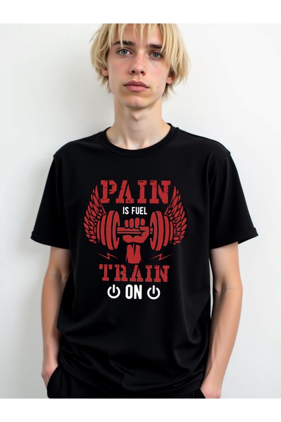 Train On: Pain is Fuel Mens round neck T-shirt black 2026 summer Comfortable activewear, perfect for gifts Basic Unisex Shirt Short Sleeve tshirts