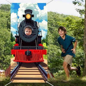 Train Party Banner Decoration Crossing Train Door Background Phtography Backdrop Large Fabric Railroad Train Face in Hole Hanging Photo Booth Props for Train Birthday Party Outdoor 35.43x70.87 Inch