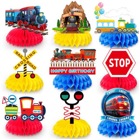 Train Party Decorations, 9 Pcs Train Honeycomb Centerpiece for Chugga Chugga Two Two Party Decorations