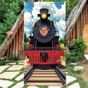 Train Party Door Banner Crossing Train Background Phtography Backdrop Large Fabric Railroad Train Face in Hole Hanging Photo Booth Props for Train Birthday Party Outdoor 35.43x70.87 Inch