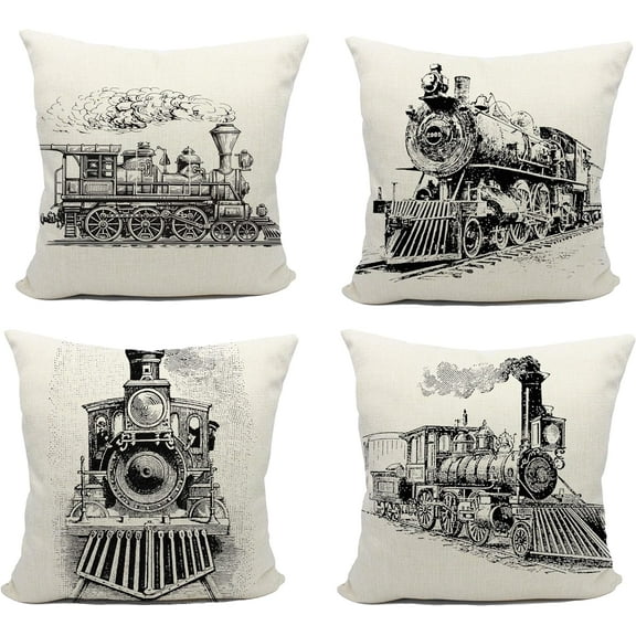 Train Pillow, Train Decor Pillow Covers 18x18, Set of 4,Train Pillow Cushion, Train Themed Room Decor, Gifts for Train Lovers,Train Gifts for Men, Train Decor Linen Cushion Cover
