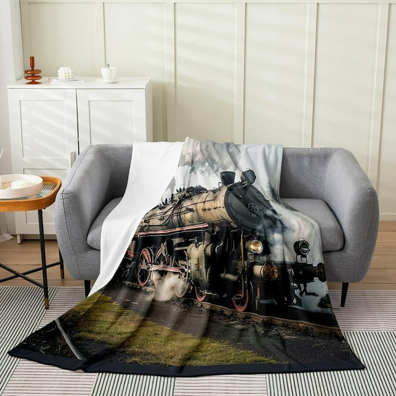 Train Plush Throw Blanket, Retro Steam Engine All Season,Blanket for Sofa Couch Kids Railway Track Transport Flannel Fleece Blanket Green Grass Room 40"x50"