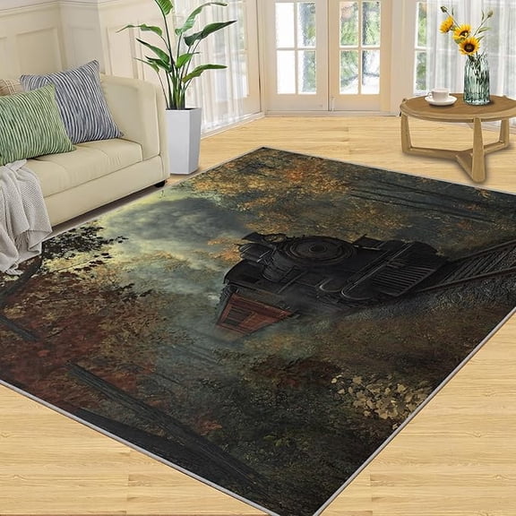 Train Print Rugs for Bedroom, Steam Train Area Rug, Steam Locomotive Rugs for Living Room, Indoor Non-Slip Rug, Machine Washable Carpet for Front Entrance Floor Decor 2 x 3ft