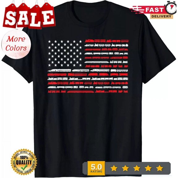 Train Railroad American Flag Vintage Locomotive Gift Unisex T-Shirt