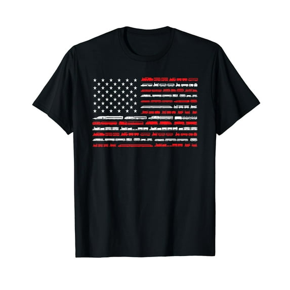 Train Railroad American Flag Vintage Locomotive T-Shirt Black Tee
