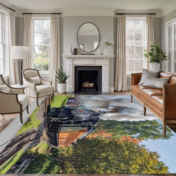 Train Railway 6'x9' Area Rug for Living Room, Countryside Cabin Trees Farmhouse Rustic Non-Slip Floor Mat Rugs for Bedroom Dining Room, Indoor Large Carpet for Classroom, Nursery Rugs for Playroom