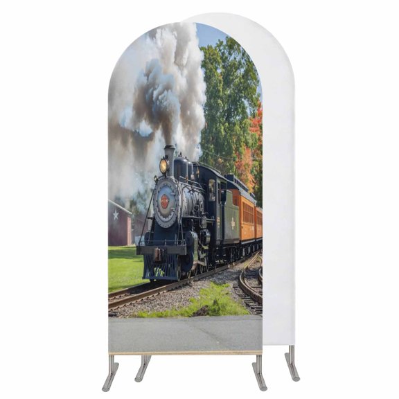 Train Railway Arch Backdrop Cover 4 FT,Spandex Wedding Arch Stand Covers Stretchy Backdrop,Countryside Cabin Trees Farmhouse Rustic Round Top Party Arched Background for Birthday Event Baby Shower
