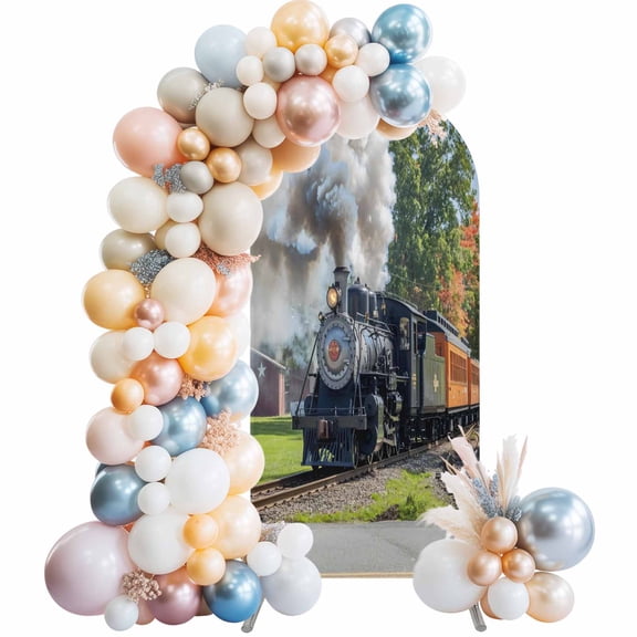 Train Railway Arch Backdrop Cover, Spandex Fitted Wedding Arch Cover, Countryside Cabin Trees Farmhouse Rustic Round Top Stand Covers for Birthday Ceremony Bridal Shower Party Decor 4x1.65 Ft