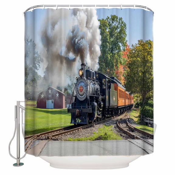 Train Railway Bathroom Shower Curtains with 12 Hooks Polyester Waterproof Shower Curtain for Stalls and Bathtubs Countryside Cabin Trees Farmhouse Rustic Decorative Bathroom Curtain 36x78 Inches