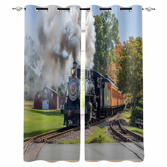 Train Railway Blackout Curtains for Bedroom/Living Room, Thermal Insulated Kitchen Curtains, Countryside Cabin Trees Farmhouse Rustic Grommet Darkening Window Treatment Drapes 27.5"x39"x2