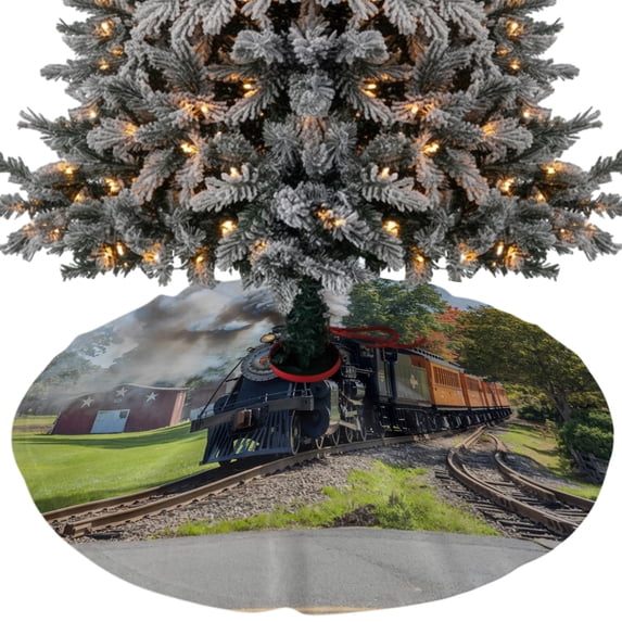 Train Railway Christmas Tree Skirt 36 Inches, Countryside Cabin Trees Farmhouse Rustic Xmas Trees Skirt Mat Cover Decorations for Holiday Party Indoor Outdoor