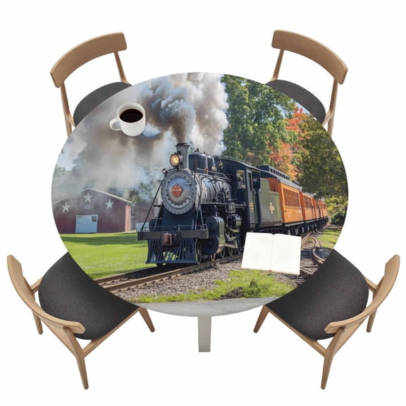 Train Railway Fitted Tablecloth with Elastic Edged, Round Table Cloth for Dining Table, Countryside Cabin Trees Farmhouse Rustic Waterproof Oil Proof Table Cover for Indoor Outdoor 36"-44"