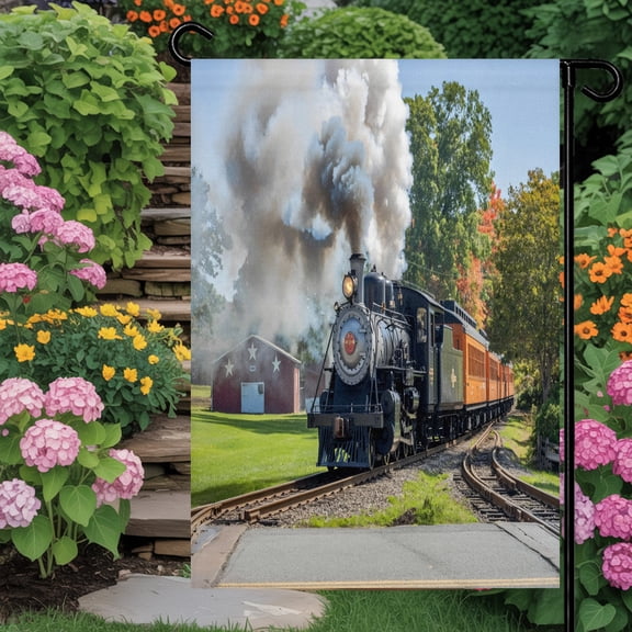Train Railway Garden Flag 12x18 Double Sided - Welcome Garden Flags for All Seasons Outside Décor, Countryside Cabin Trees Farmhouse Rustic Decorative Personalized Yard Flags Small Sign