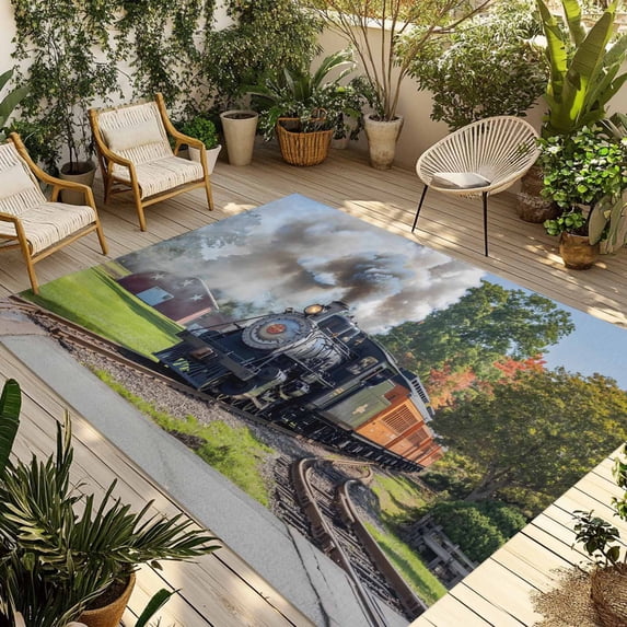 Train Railway Outdoor Rug for Patio/Deck/Porch, Non-Slip Large Area Rug 3 x 5 Ft, Countryside Cabin Trees Farmhouse Rustic Indoor Outdoor Rugs Washable Area Rugs, Reversible Camping Rug Carpet Runner