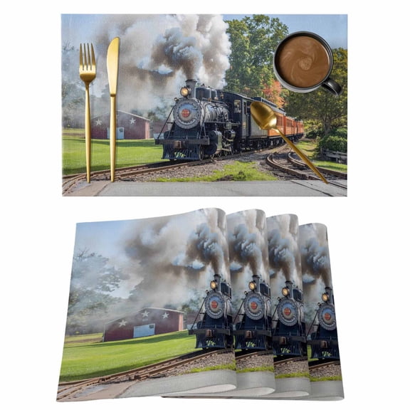 Train Railway Placemats Set of 4 Countryside Cabin Trees Farmhouse Rustic Place Mats Indoor Wipeable Table Mats Washable Cloth Dining Table Placemats for Kitchen Holiday Party Home Decor 13x19 Inch