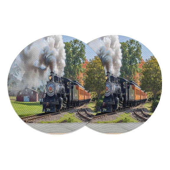 Train Railway Round 13 Inch Placemats Set of 2, Countryside Cabin Trees Farmhouse Rustic HeatResistant Non Slip Place Mats for Dining Table, Wipeable Braided Kitchen Table Mats for Housewarming