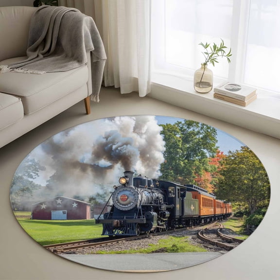 Train Railway Round Area Rug 4ft, Countryside Cabin Trees Farmhouse Rustic Washable Non-Slip Circle Rugs for Bedroom Living Room Kitchen, Soft Non Shedding Circle Carpet for Dining Room Dorm