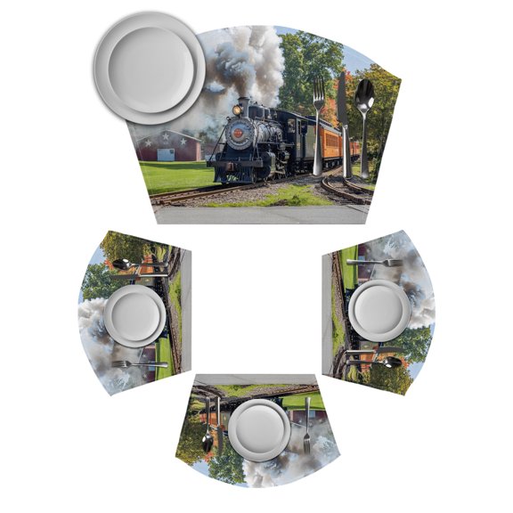 Train Railway Round Table Placemats Set of 2 Wedge Placemats, Countryside Cabin Trees Farmhouse Rustic Place Mats for Dining Table Set Washable Mats Kitchen Decor for Indoor Outdoor Wipe Clean