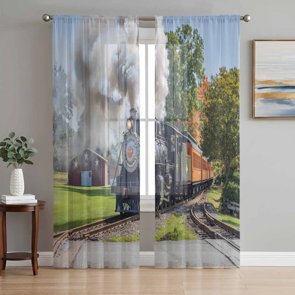 Train Railway Semi Sheer Curtains 108 Inch Length 2 Panels Set, Countryside Cabin Trees Farmhouse Rustic Sheer Kitchen Curtain Privacy Voile Window Curtain for Living Room Bedroom Rod Pocket Drapes