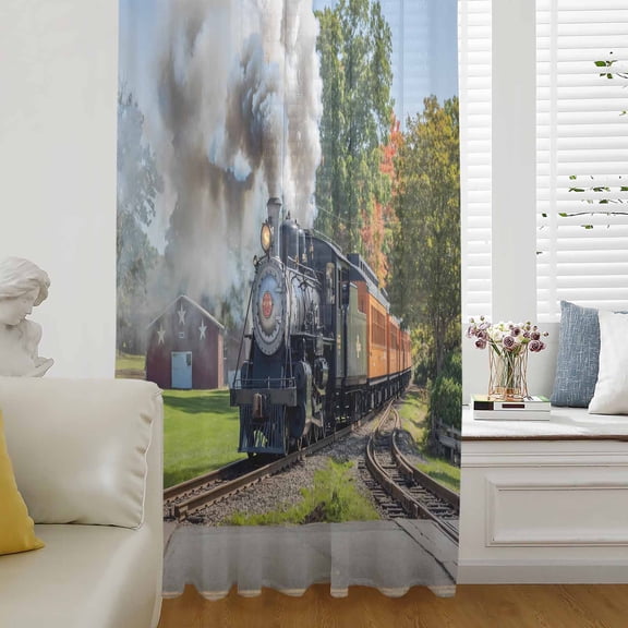 Train Railway Semi Sheer Curtains Drapes for Living Room,Bedroom,French Doors Window 45 Inches Long,Countryside Cabin Trees Farmhouse Rustic Rod Pocket Chiffon Curtain Drapery Voile Draperies Panel