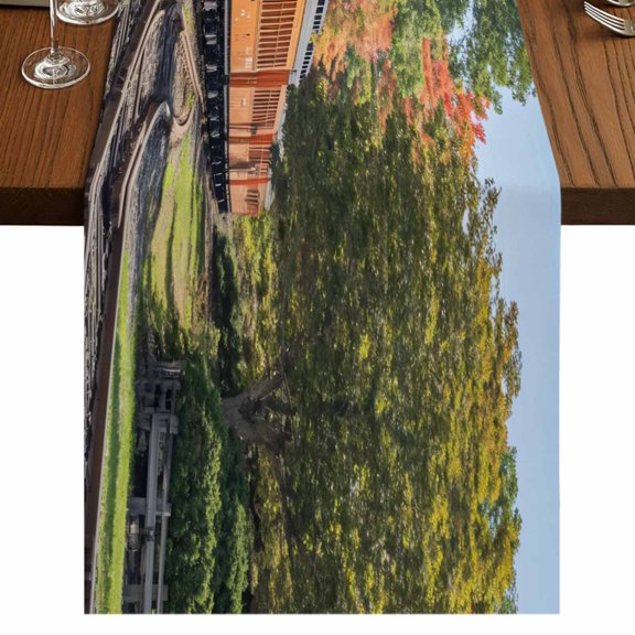 Train Railway Short Table Runner 36 Inches Long,Countryside Cabin Trees Farmhouse Rustic Cotton Linen Table Runners Dresser Scarves,Fabric Tabletop Scarf Furniture Cover for Home Dinner Party 13"x36"