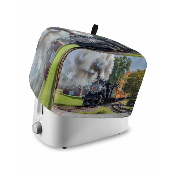 Train Railway Small Toaster Cover 2 Slice, Kitchen Appliance Covers, Countryside Cabin Trees Farmhouse Rustic Toaster Oven Cover with Loop, Bread Machine Cover Polyester Dust Cover Protection
