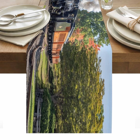 Train Railway Table Runner - 48 Inch Long, Kitchen Dining Table Runner Dresser Scarves, Countryside Cabin Trees Farmhouse Rustic Farmhouse Decor for Coffee Tables Wedding Party Banquet