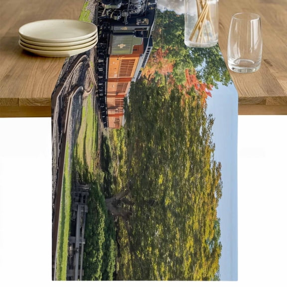 Train Railway Table Runner 48 Inches Long Farmhouse Dress Scarves, Countryside Cabin Trees Farmhouse Rustic Dining Tablerunner for Coffee Table/Kitchen Island/Party Décor, 13" x 48"