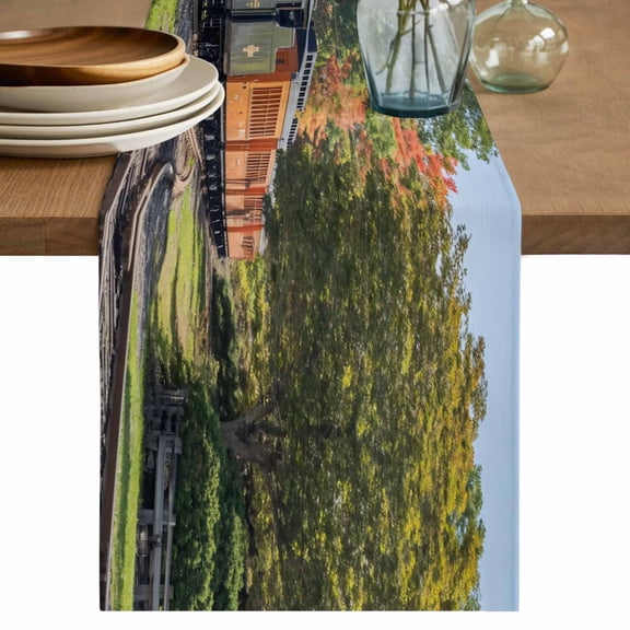 Train Railway Table Runner, Countryside Cabin Trees Farmhouse Rustic Washable Cotton Linen Table Runners 36 Inches Long, Dresser Scarf Runner for Nightstand/End Tables/Round Tables 13''x36''