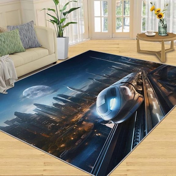 Train Rug - Cityscapes Washable Rugs, High-Speed Train Washable Rugs for Bedroom Living Room, Soft Low Pile & Home Decor 1x2ft
