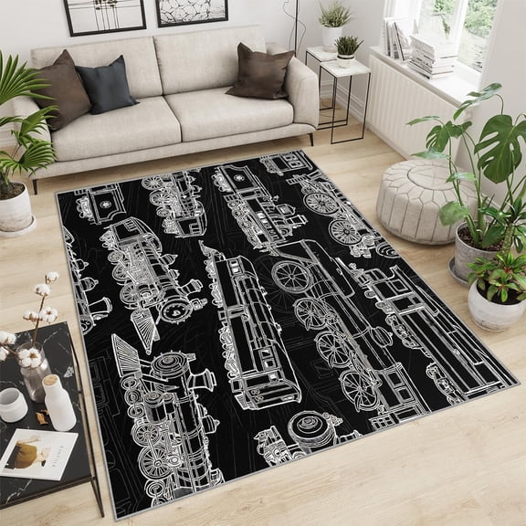 Train Rug Large Train Carpet For Boys Bedroom Railway Train Area Rugs Black White Train Rug Pad Transportation Carpet For Living Room Door Mats Porch 3x4ft