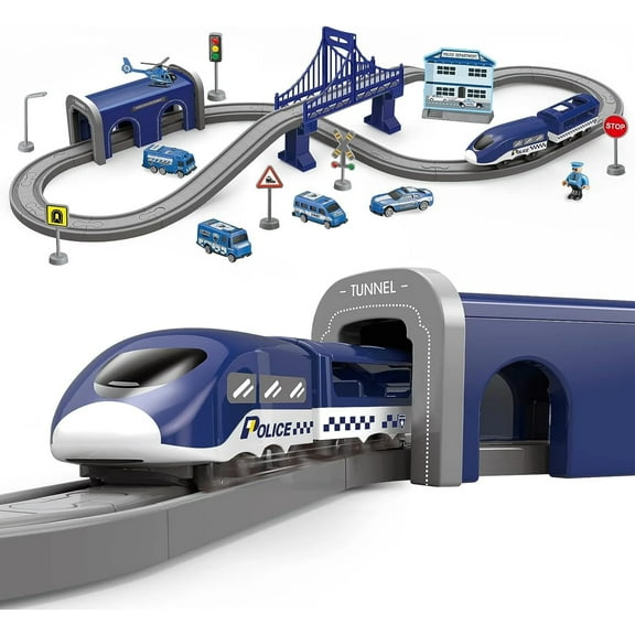 Train Set 3-12 Years Old Children, 92pcs Train Track Toys, Police Set with Helicopter, Car,Blue